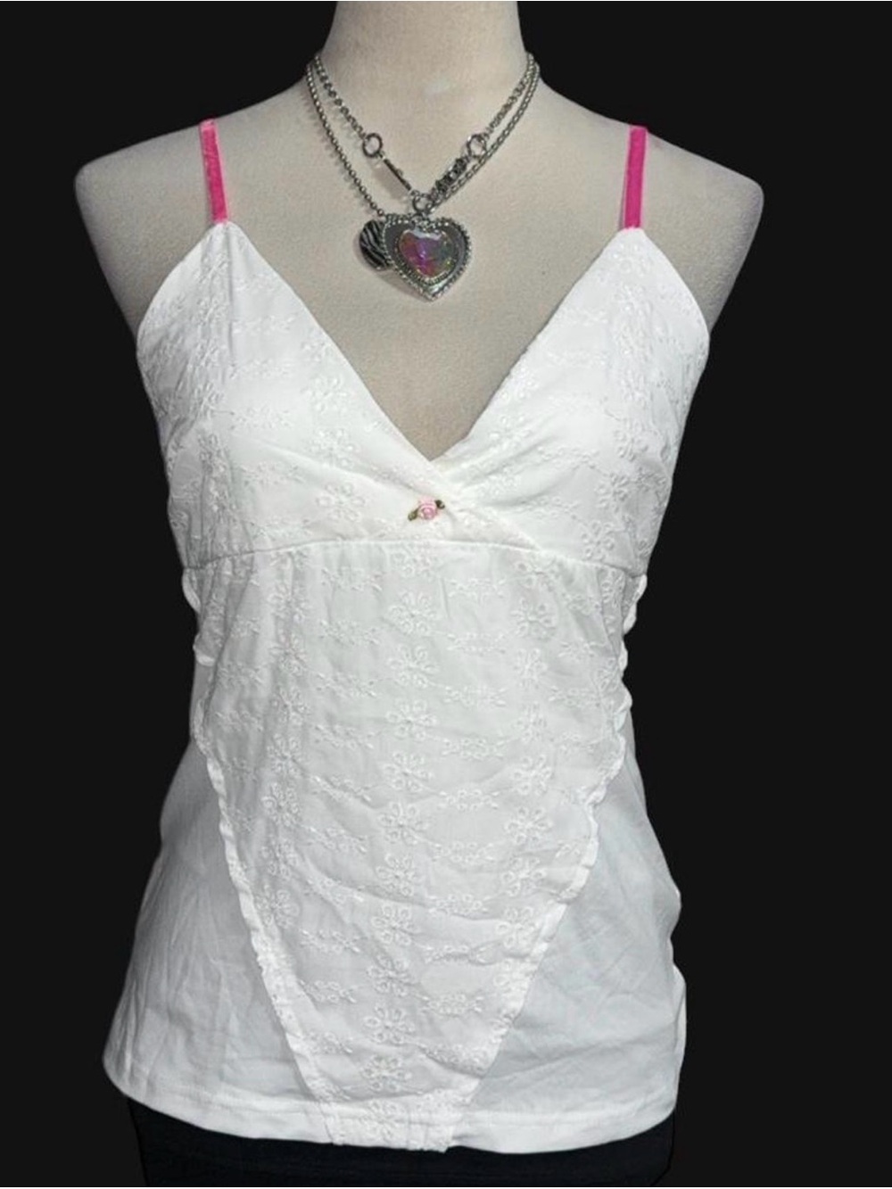 SHEIN White Eyelet V-Neck Camisole with Pink Straps